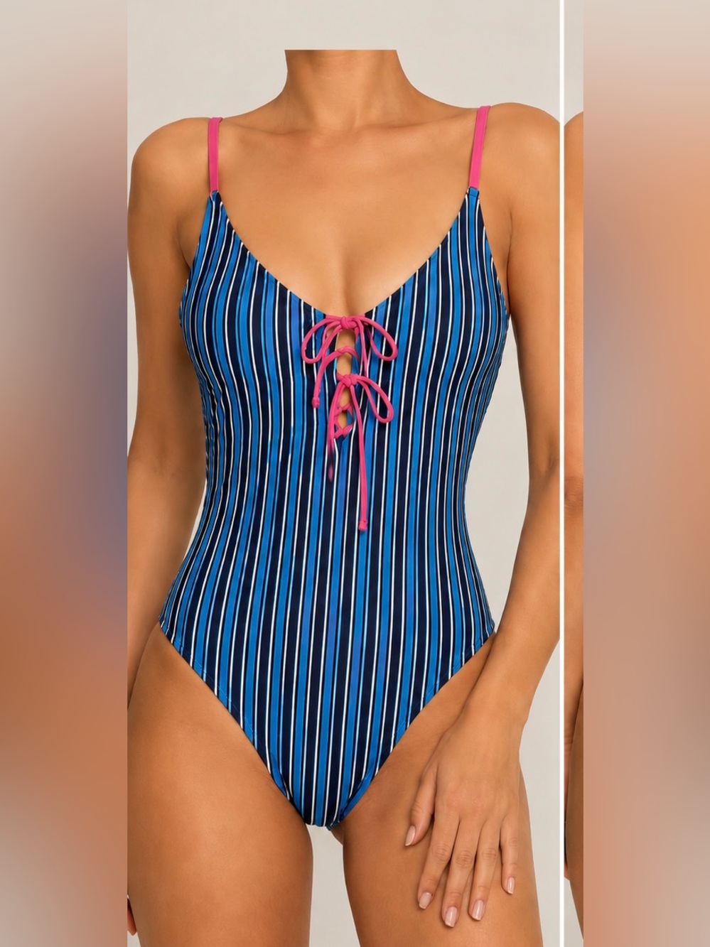 Victoria's Secret Navy and Blue Striped One-Piece with Pink Tie - Picture 1 of 3